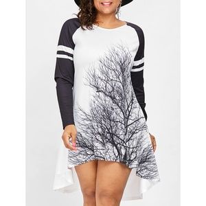 Plus Size Black & White Tree Print High Low Dress